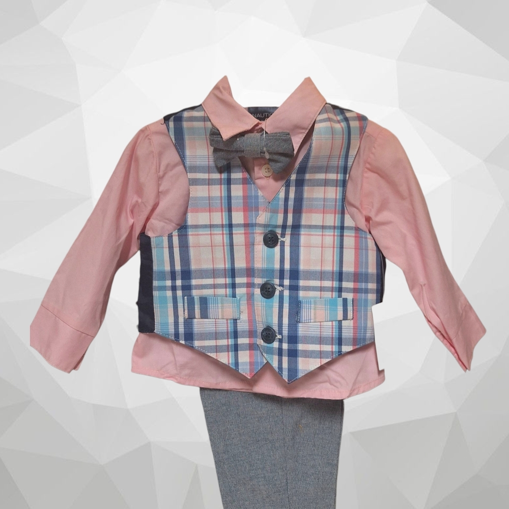 Nautica Pink Shirt and Plaid Vest Set with Gray Tie